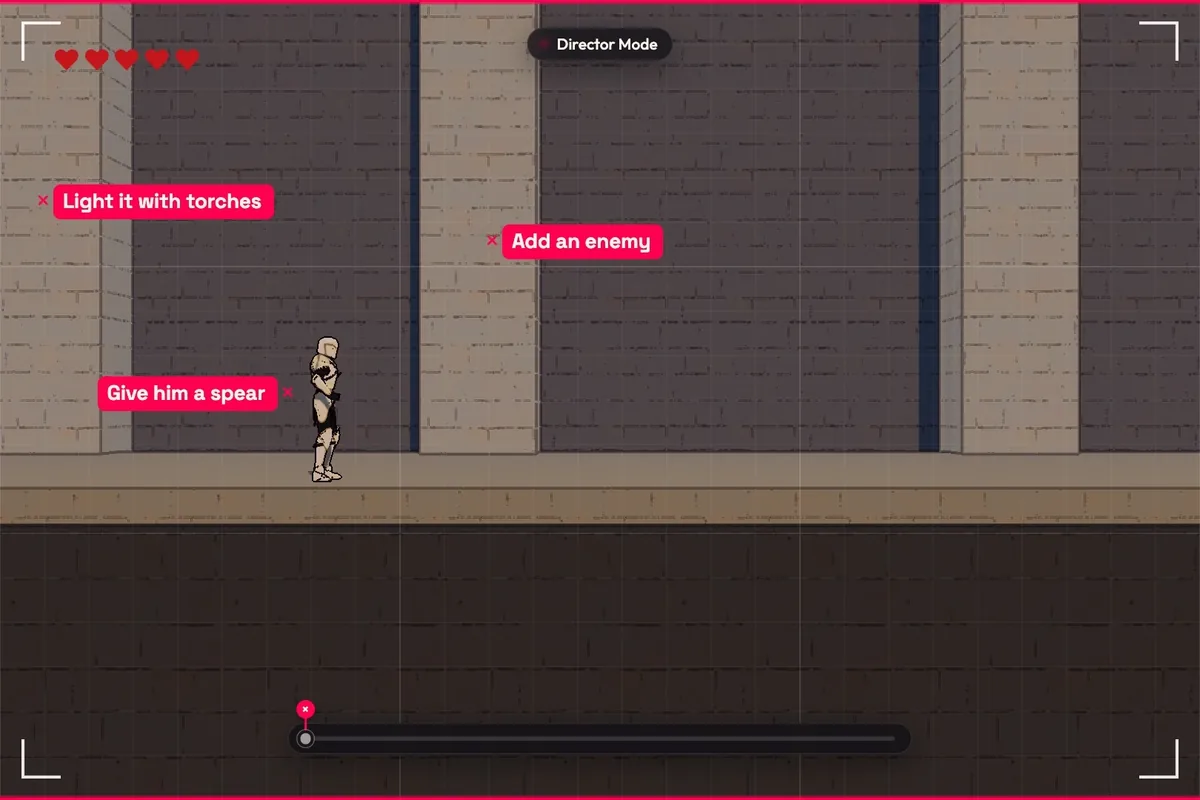 A platformer frozen in Director Mode with notes pinned on it: Light it with torches, Add an enemy, Give him a spear