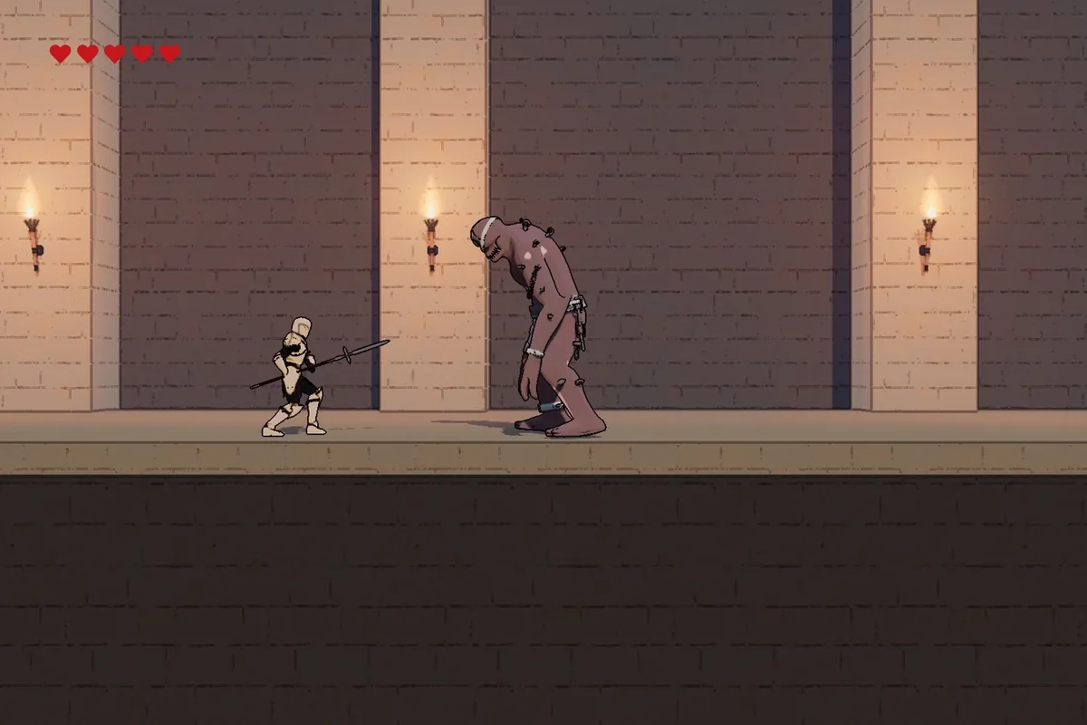 The same scene with the notes applied: torches on the walls, an enemy, and the hero holding a spear